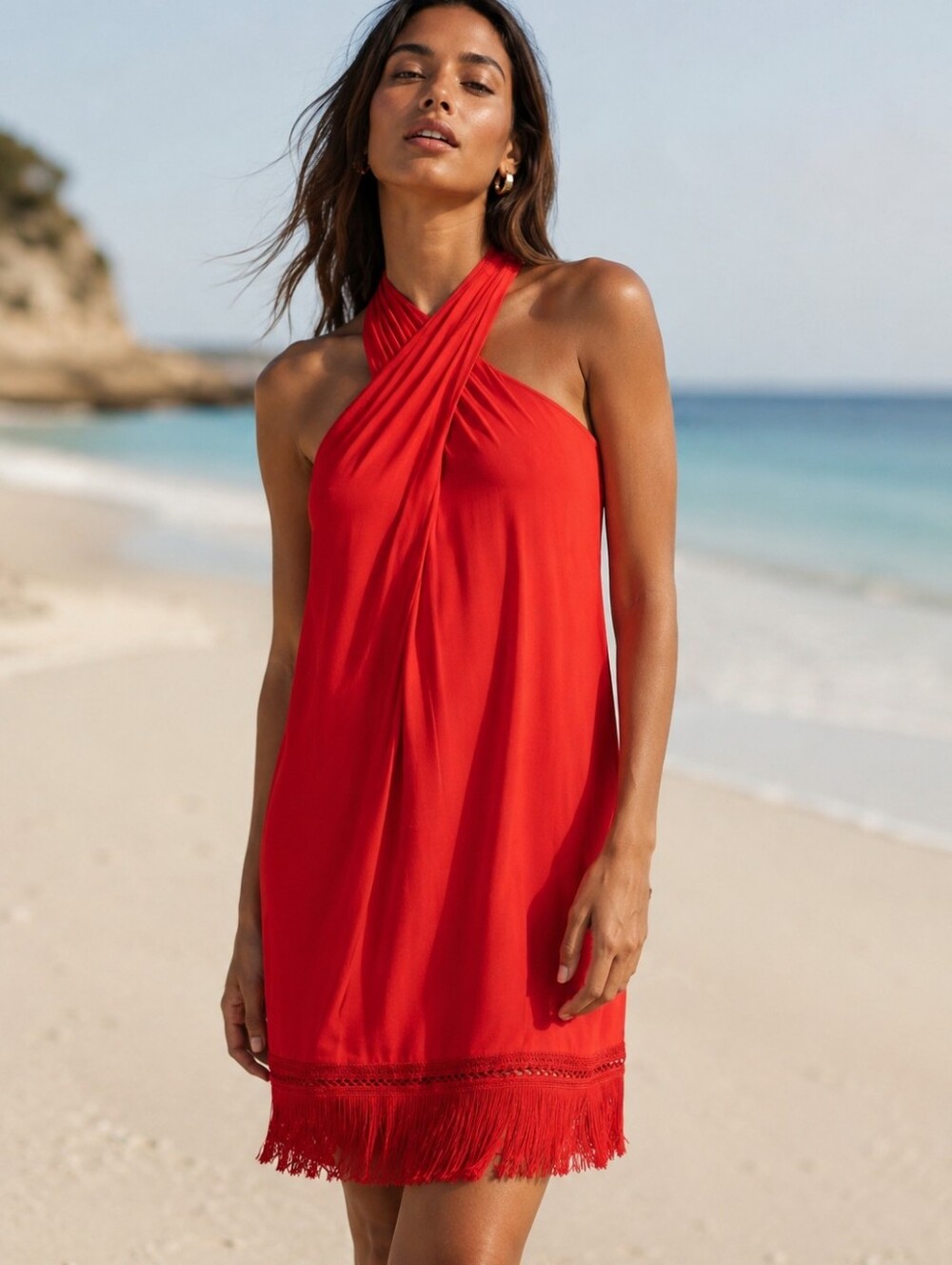 NWT TRINA TURK Pepper Red SUMATRA  DRESS Twist Halter Mini Fringe Hem Small
